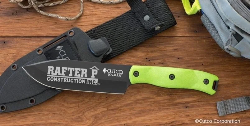 Cutco KA-BAR outdoor knife engraved with a construction company logo