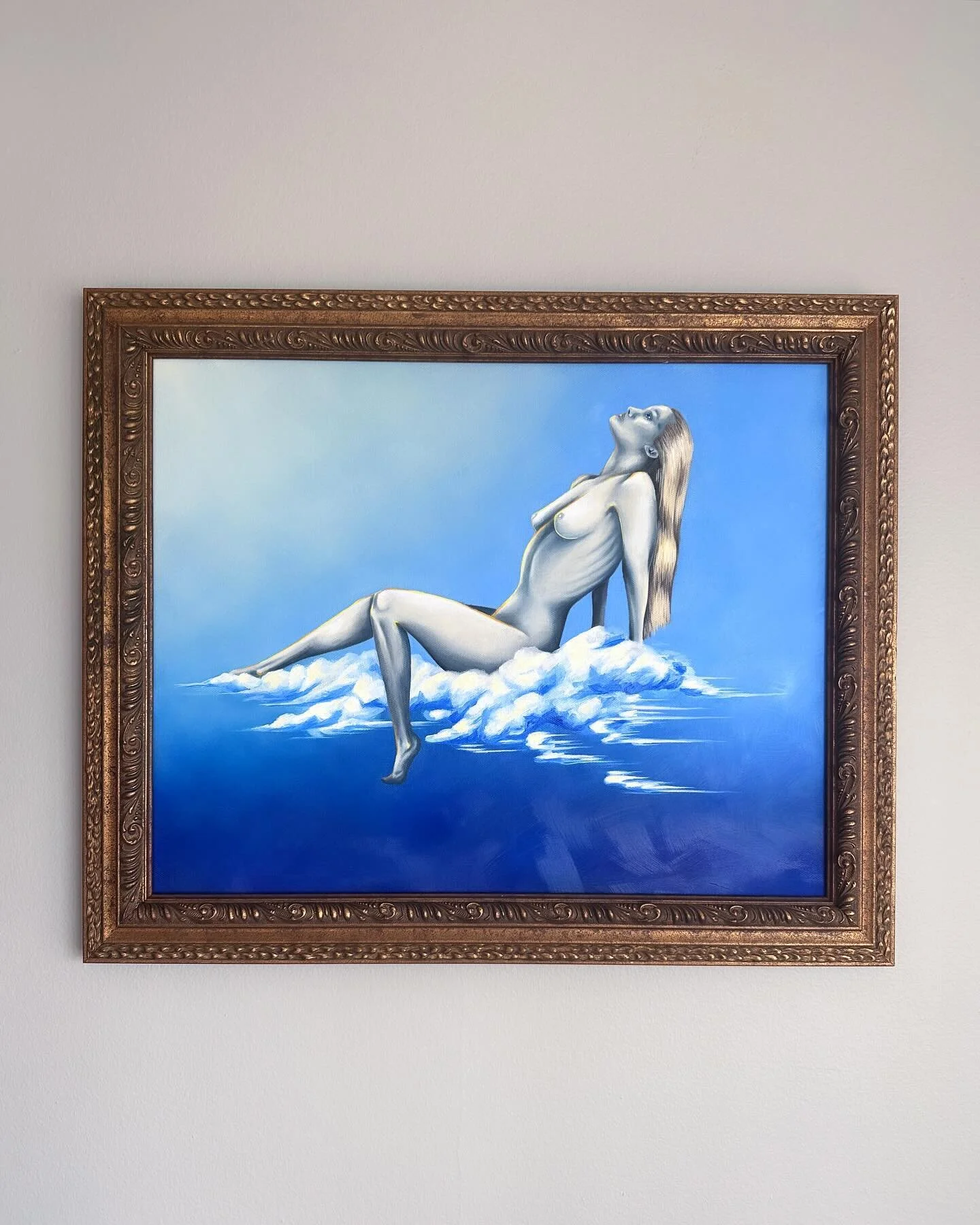 New piece all framed and hanging pretty!! ☁️💓

This painting is a continued piece in my series of figures set in what I call &ldquo;colorscapes&rdquo;, which combine clouds and vibrant colors to create surreal settings that figures appear both situa