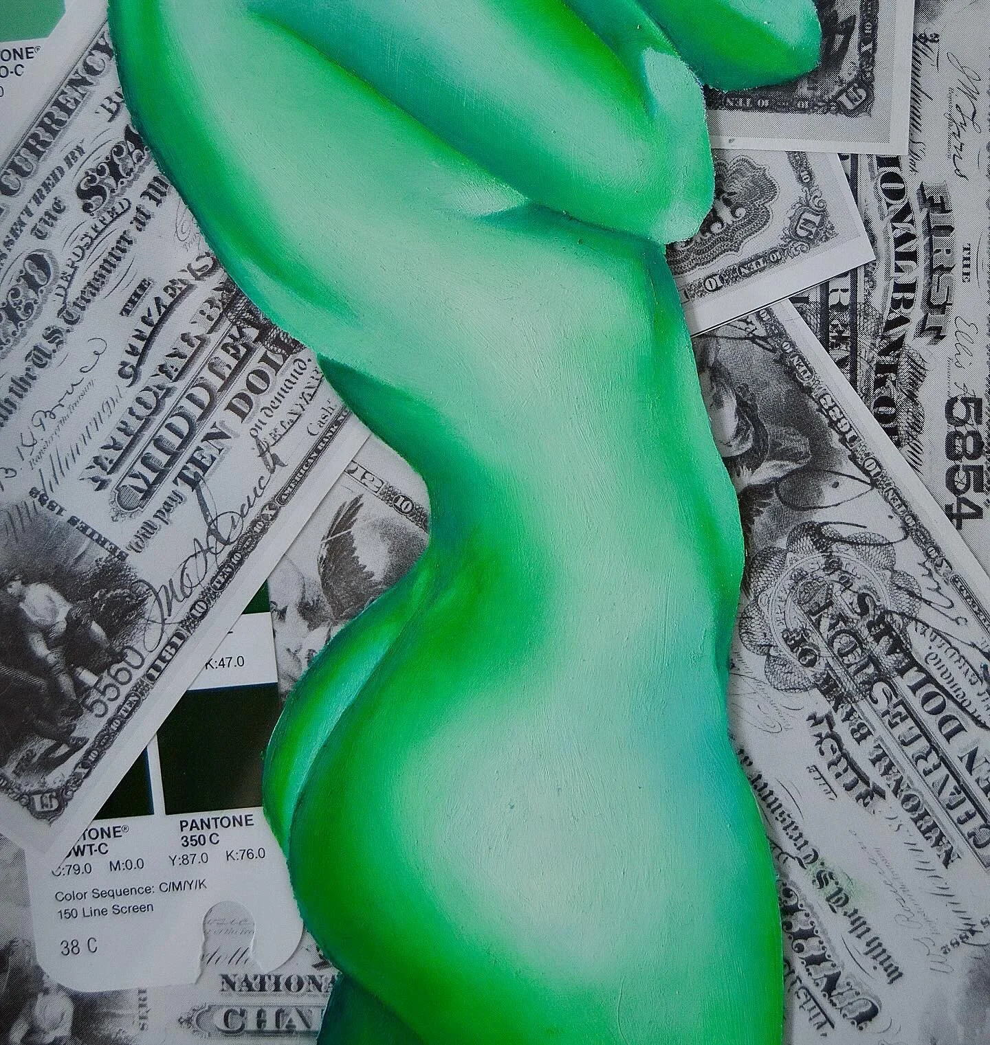 New piece! ☘️🪩 &ldquo;Eyes on Envy&rdquo; 

8 x 10, Oil on Glass, Collage 

A part of my continued series of figures on glass! This edition, green, was inspired by themes of desire and the old idea of the &ldquo;green eyes of envy&rdquo;. 

#art #ar