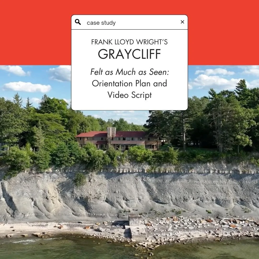 Book cover featuring a house on a cliff with trees and a river below, with a red top banner and a white text box containing the title 'Frank Lloyd Wright's Graycliff' and subtitle 'Felt as Much as Seen: Orientation Plan and Video Script'.