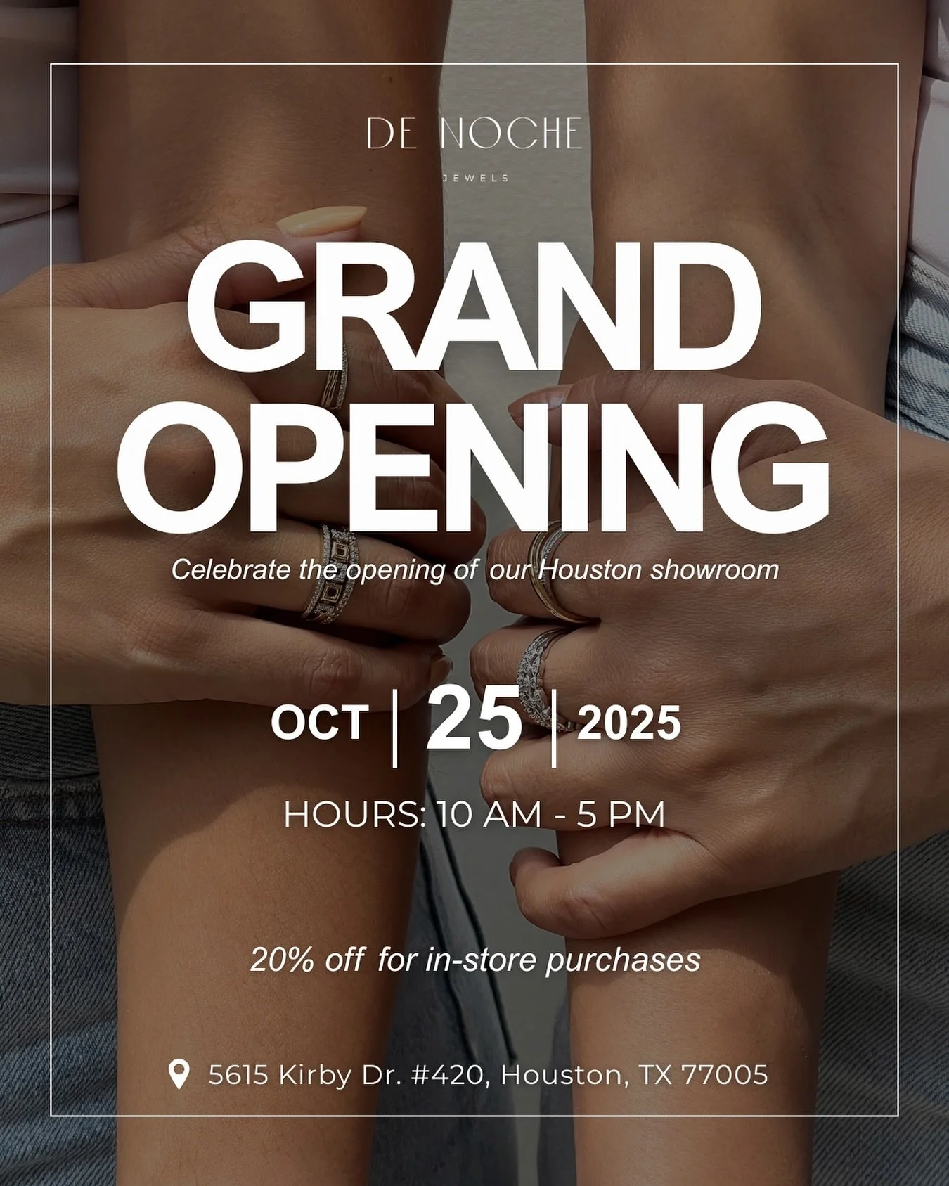We can&rsquo;t wait to welcome you into our new showroom ✨  Join us for our Grand Opening on October 25th and enjoy 20% off in-store purchases all day!⁠
⁠
📅 October 25th⁠
📍 Houston, 5615 Kirby Dr. #420⁠
🕙 10 AM &ndash; 5 PM⁠
.⁠
.⁠
#DeNocheJewels #