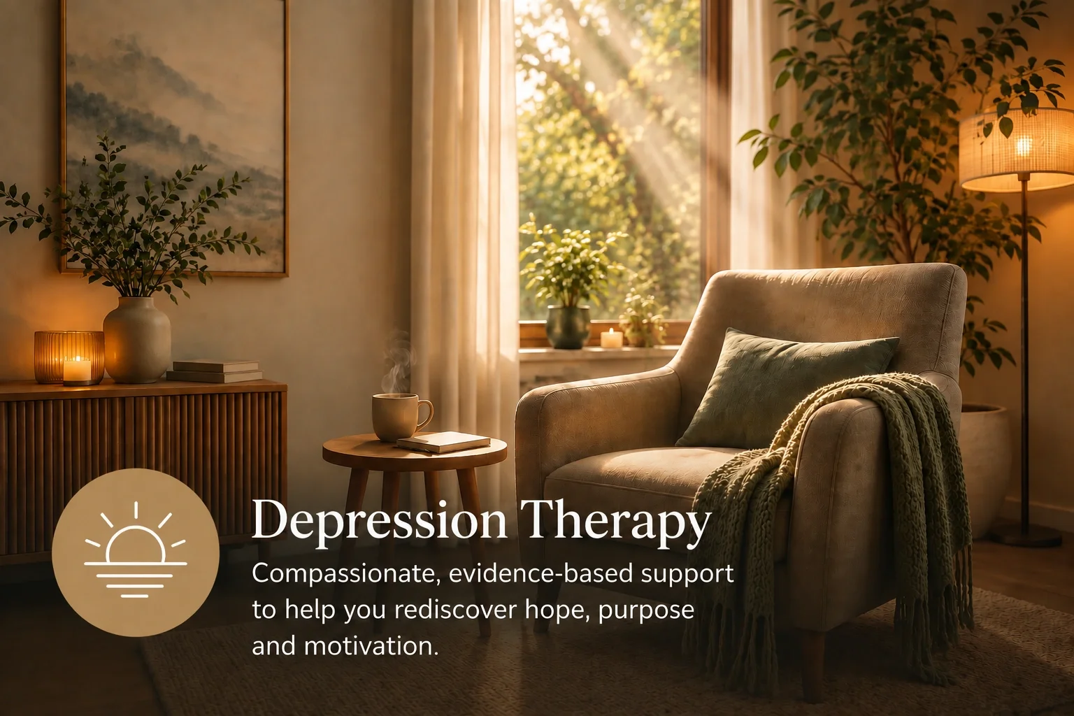 Online depression therapy supporting people experiencing low mood, loss of motivation and emotional exhaustion.
