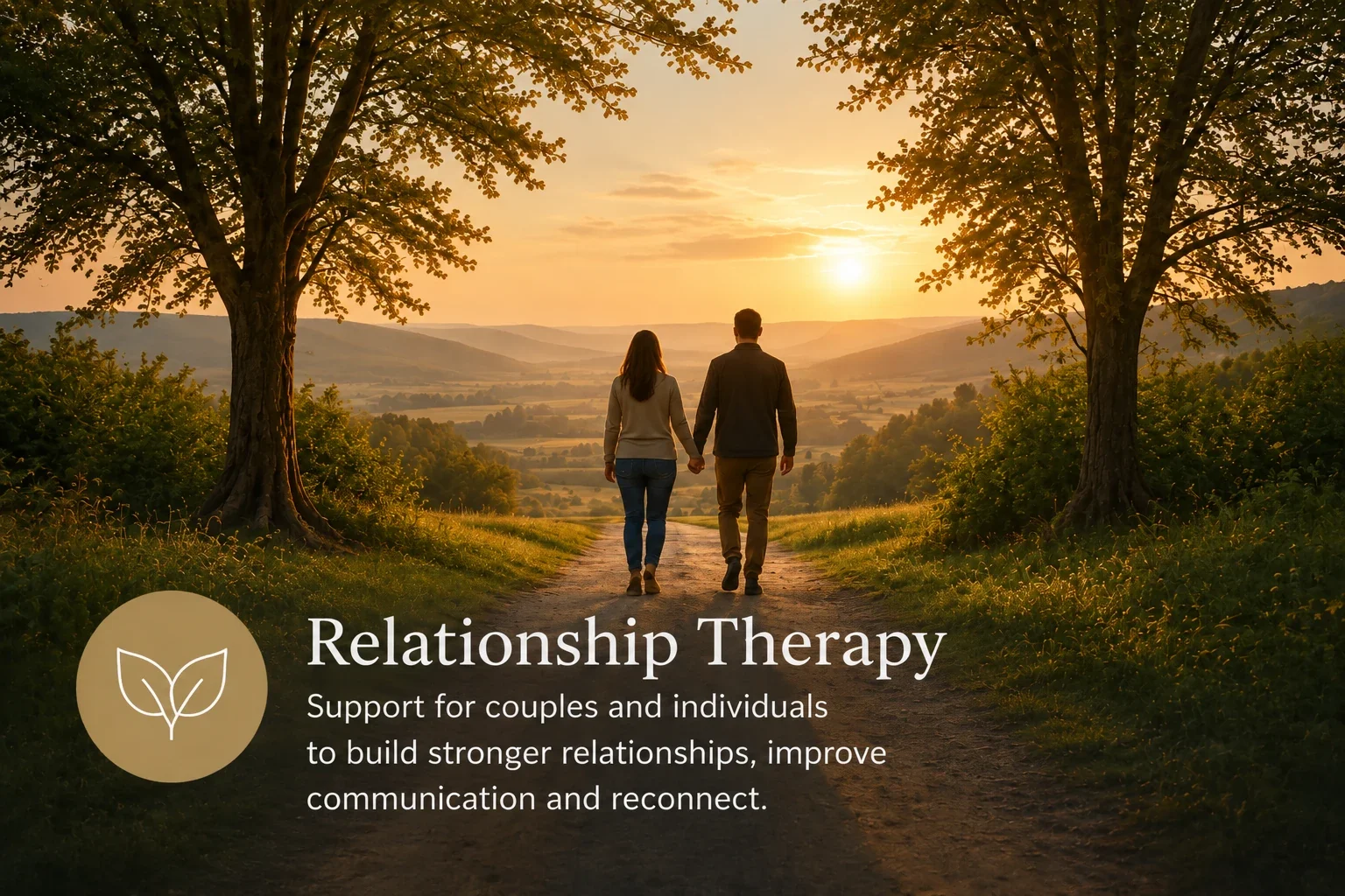 A couple walking hand in hand on a dirt path during sunset in a scenic landscape with trees and rolling hills. The image is promoting relationship therapy support for couples and individuals.