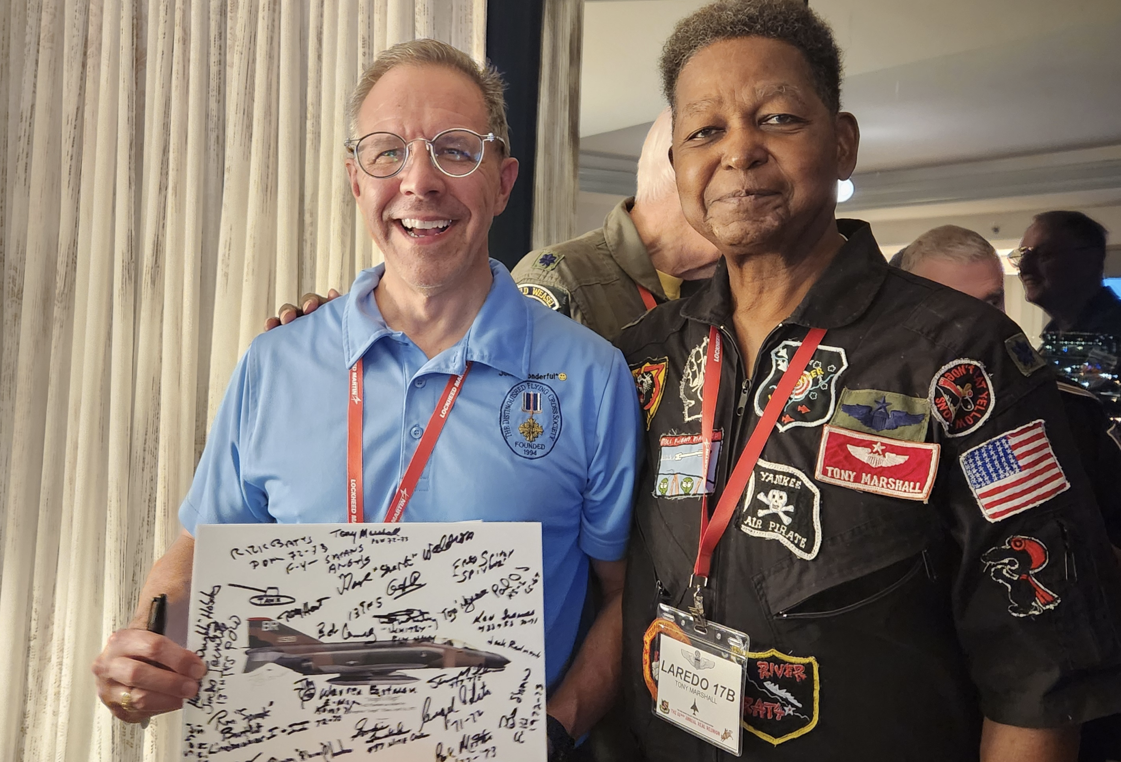 With USAF Academy grad, F-4 pilot, POW, 5x DFC recipient Tony Marshall and a fantastically autographed piece of 'my art' (not his bird - long story...)