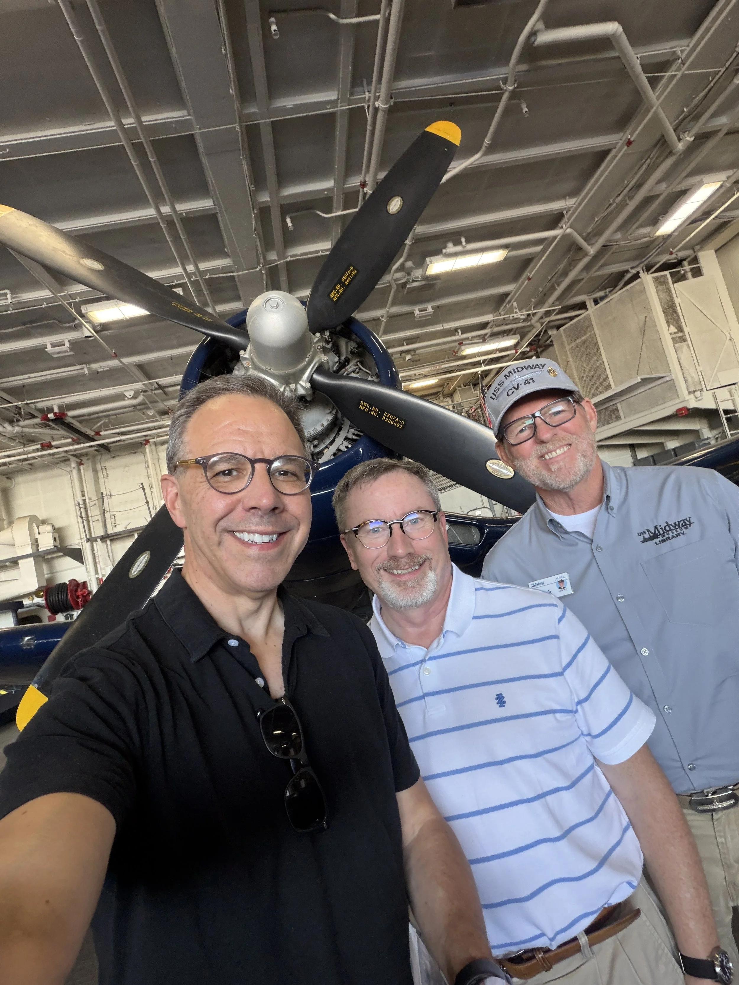 This Corsair has brought me more friends than any aircraft on earth - with SD State Historian Dr. Ben Jones and USS Midway Museum Docent, Mark Blocksom