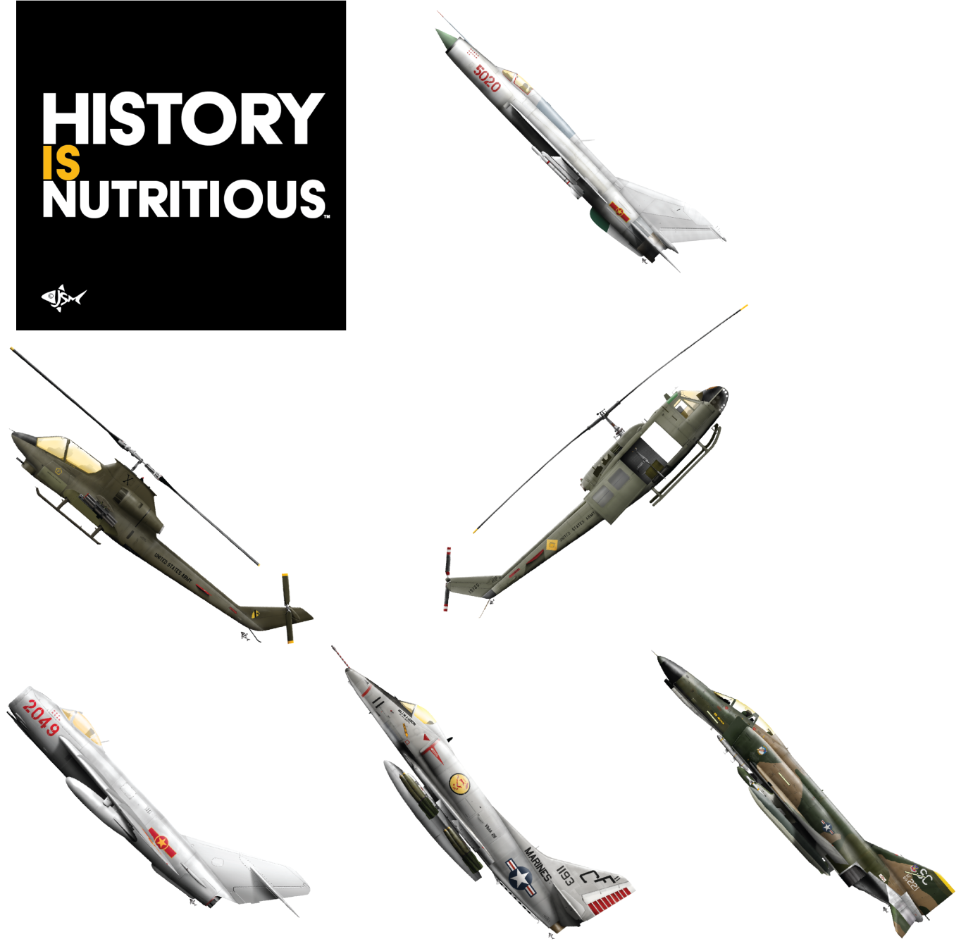 Six Vietnam War aircraft - MiG-21, UH-1 "Huey", F-4E Phantom, AH-1G Cobra, A-4E Skyhawk, MiG-17 + a History is Nutritious™ sticker!