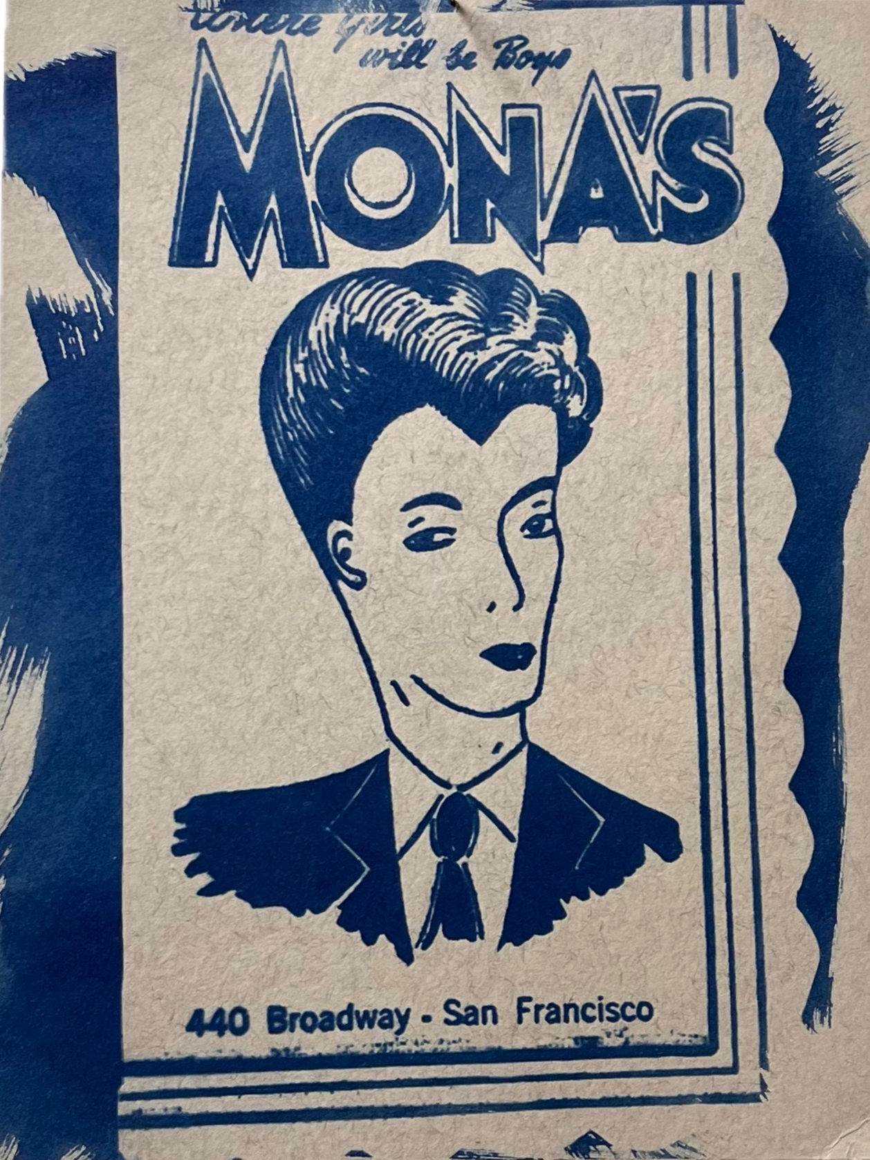 Cyanotype on grey watercolor paper
Imagery of a napkin from Mona's 440. Mona's 440 was the first lesbian bar to open in San Fransisco in 1939. 