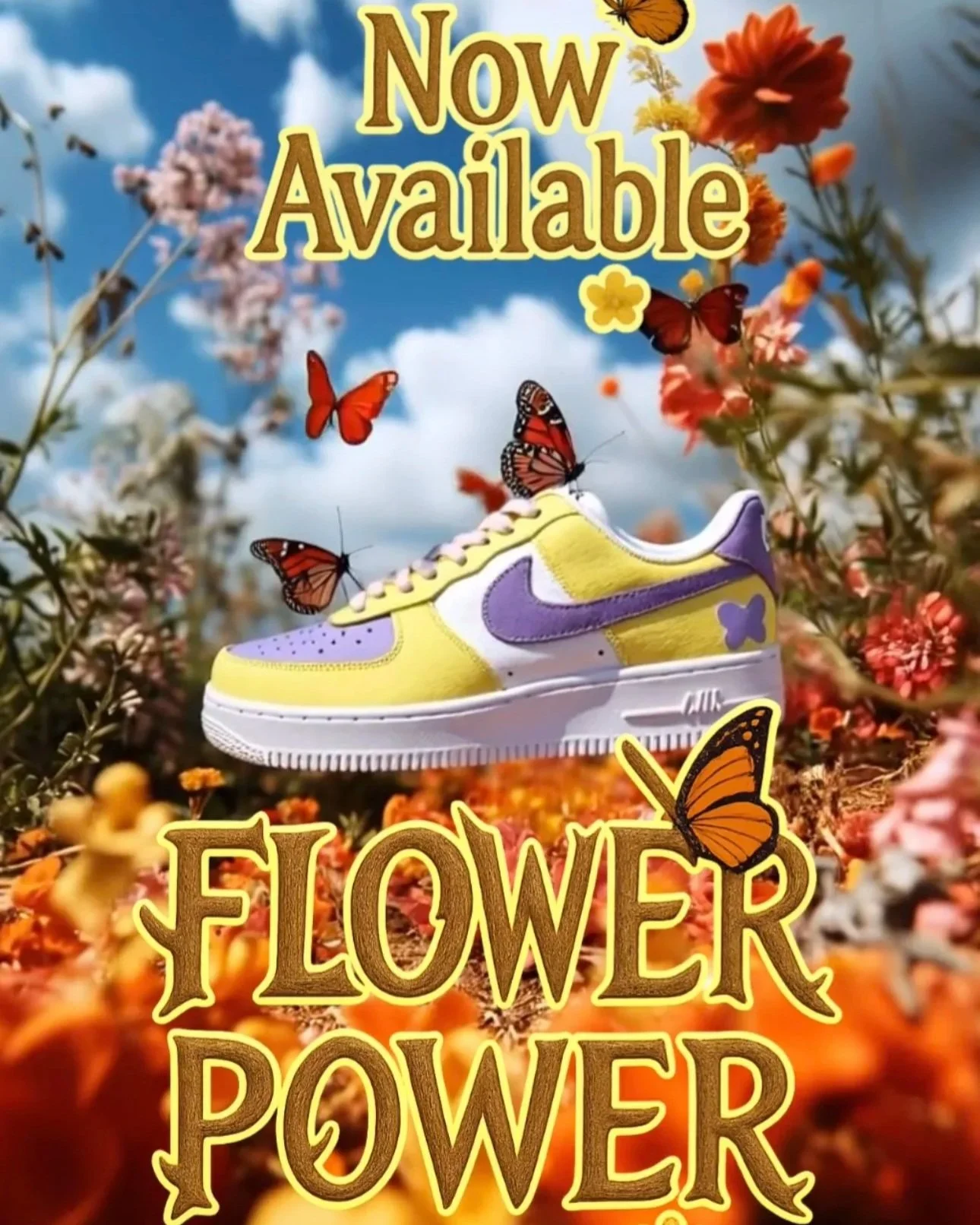 Colorful sneaker surrounded by fluttering butterflies among orange and pink flowers in a field with blue sky and clouds, with the text "Now Available" and "Flower Power" overlaid.