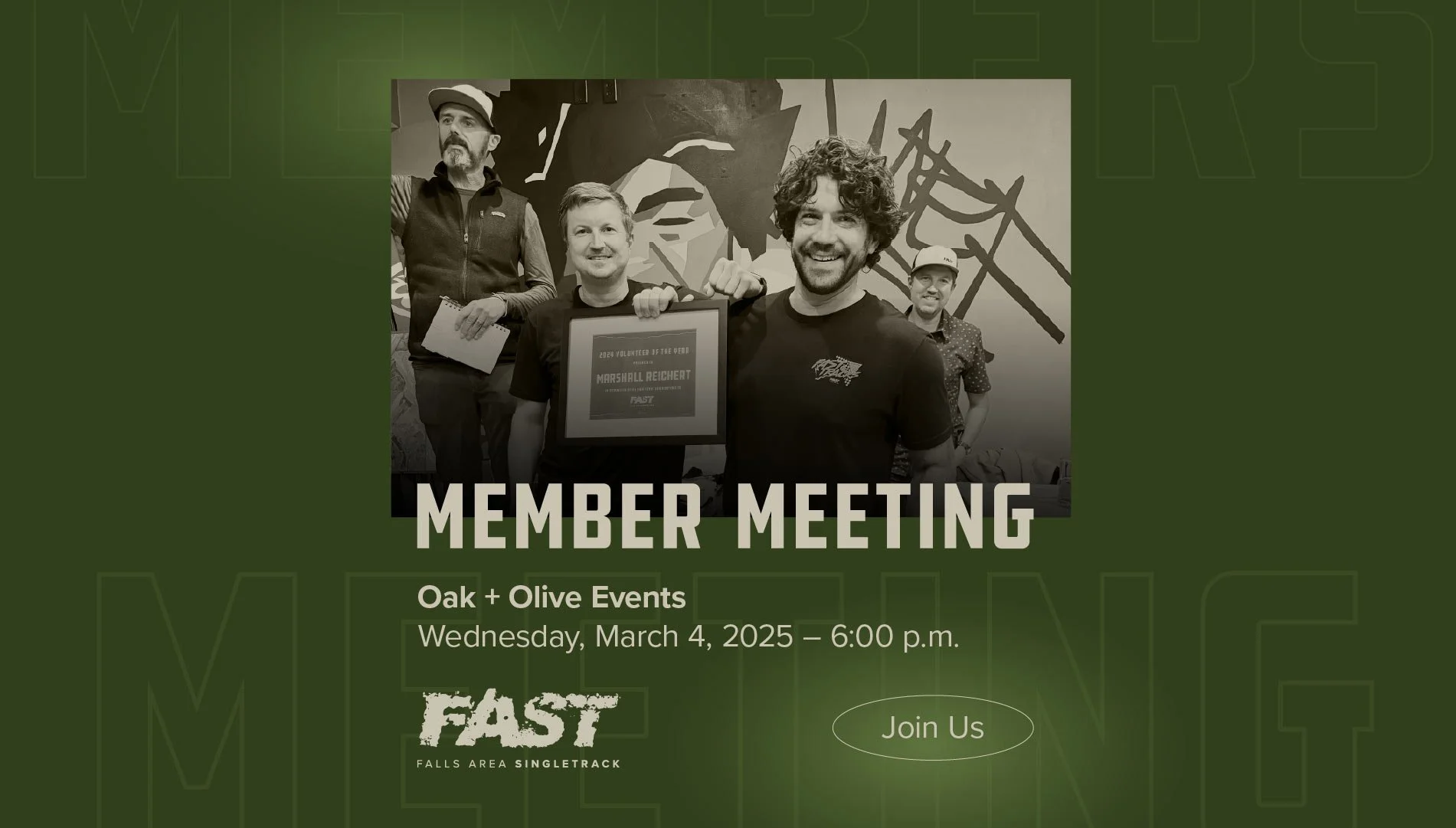 Member Meeting Event Cover, Meeting at Oak and Olive on Wednesday March 4 from 6 to 9 p.m.