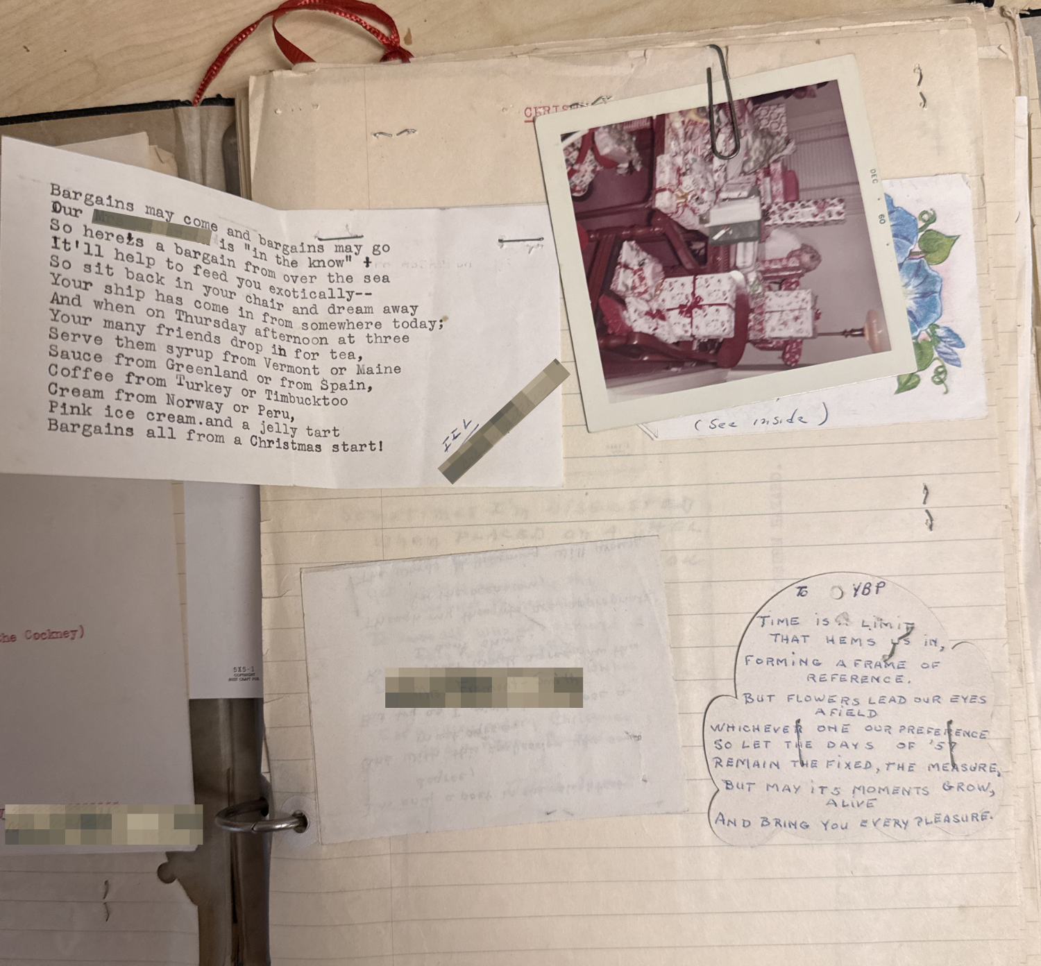 A playful scrapbook page from our archives of holiday letters, featuring a comedic Christmas poem about {name removed for privacy} and a "world of bargains" for holiday guests, alongside a photo of gifts under the tree and a handwritten poem reflecti
