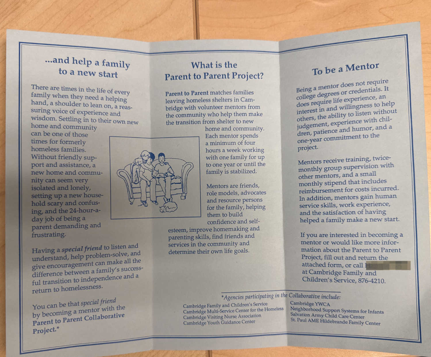 A brochure for the "Parent to Parent Collaborative Project," an early mentoring initiative that matched volunteer mentors with families leaving homeless shelters in Cambridge, helping them build the skills and confidence for a stable new start. This 