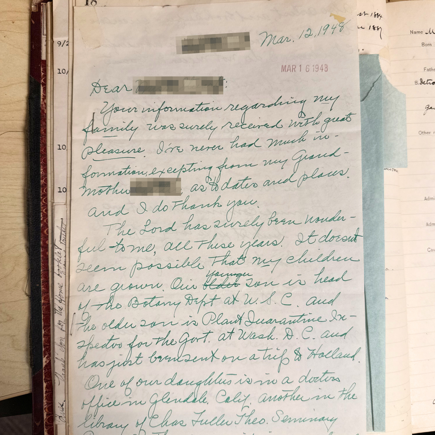 A possible glimpse into the long relationship between staff and a former Avon Home child, even decades later. This 1948 letter suggests a former resident stayed in touch with the agency well into adulthood, sharing updates about her own family. 

Tra