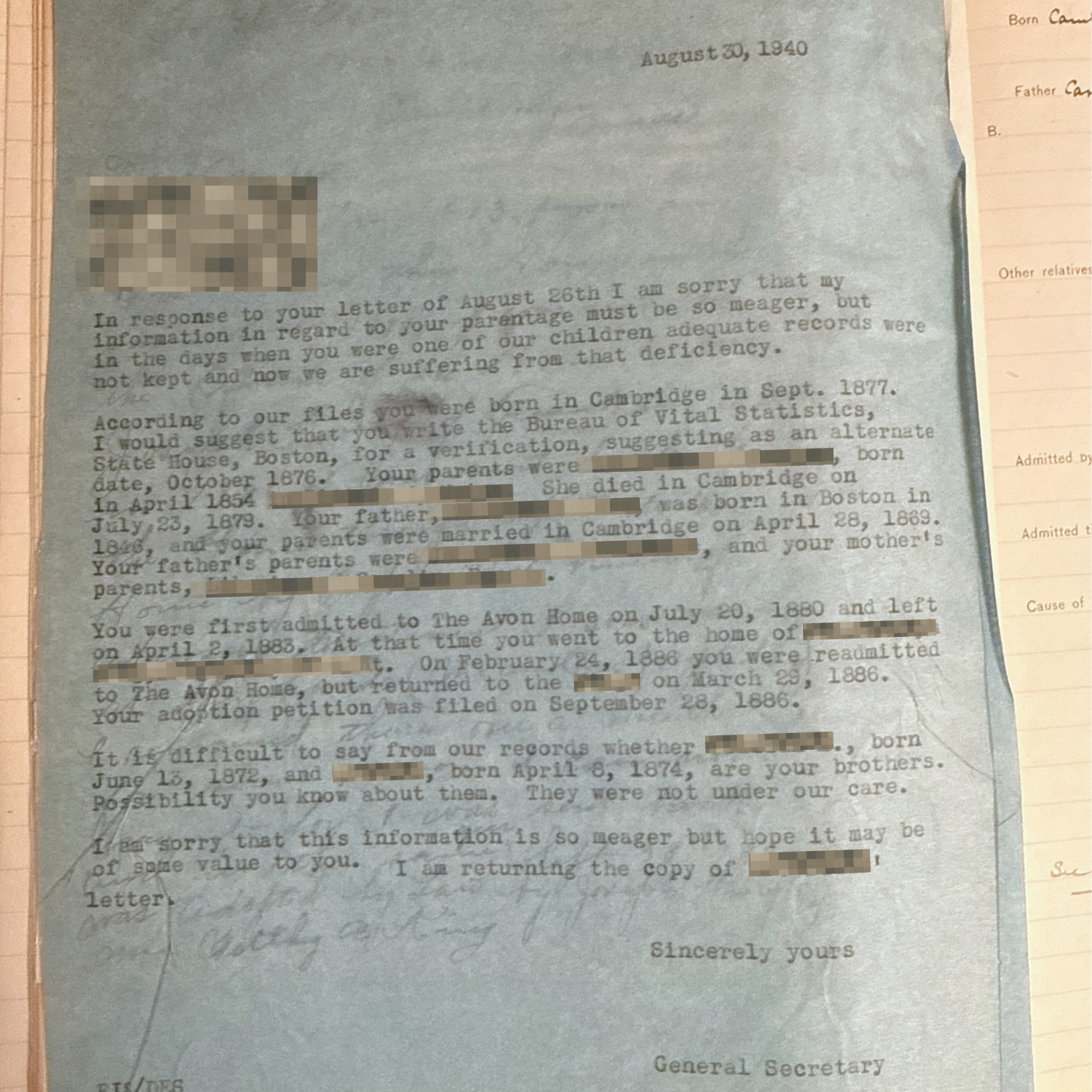 A warm response to a former Avon Home child, now grown, who wrote to ask if he had brothers he never knew. The agency's reply traced back through old records to share what they could about his birth family and confirmed the story of his own path: pla