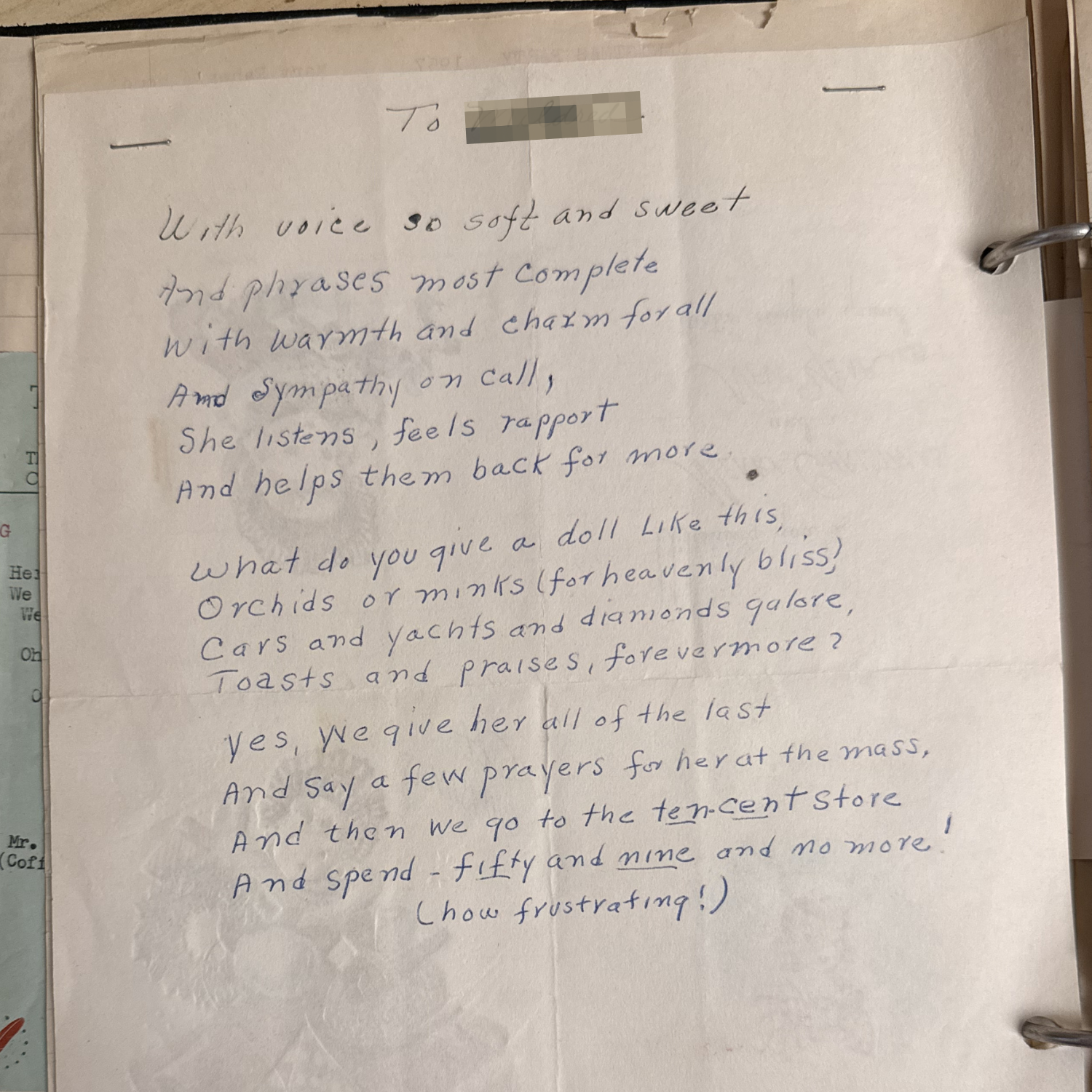 A handwritten tribute poem from our archives of staff holiday letters, playfully honoring {name removed for privacy}'s warmth and listening ear with equal parts affection and humor.