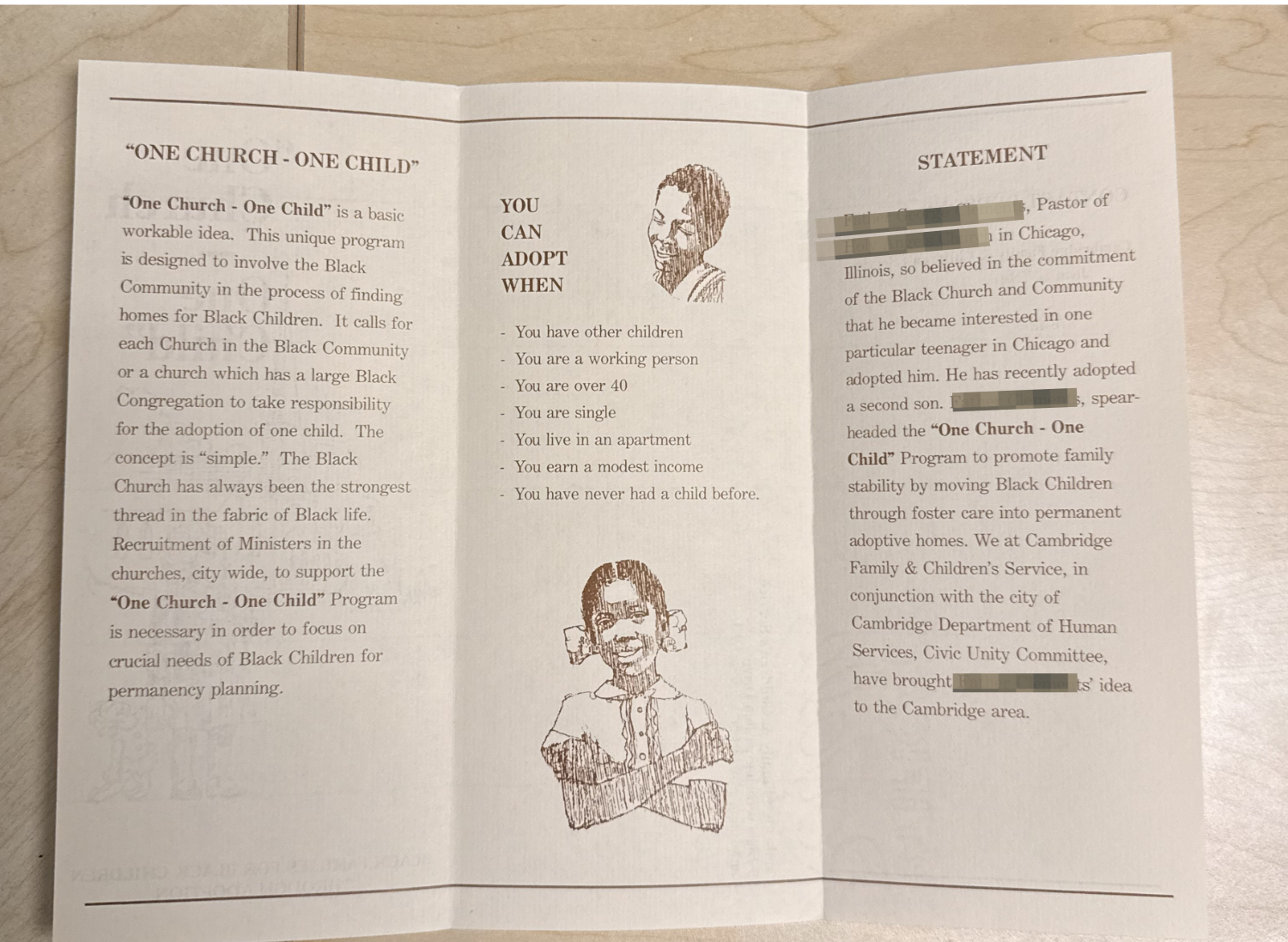 A brochure from the early 1980s promoting "One Church, One Child," a national program we partnered with the City of Cambridge to bring to our community, engaging Black community members in finding permanent, loving homes for Black children.