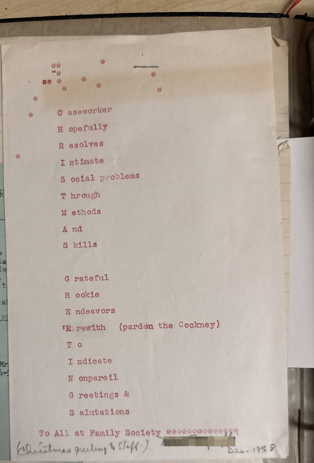 Playful CHRISTMAS GREETINGS acrostic poem sent as a staff holiday greeting, December 1958.