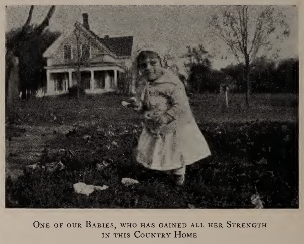 Photo of a young girl standing in a yard in front of a farmhouse, captioned "One of our Babies, who has gained all her Strength in this Country Home," from the 1923 Annual Report of the Avon Home.