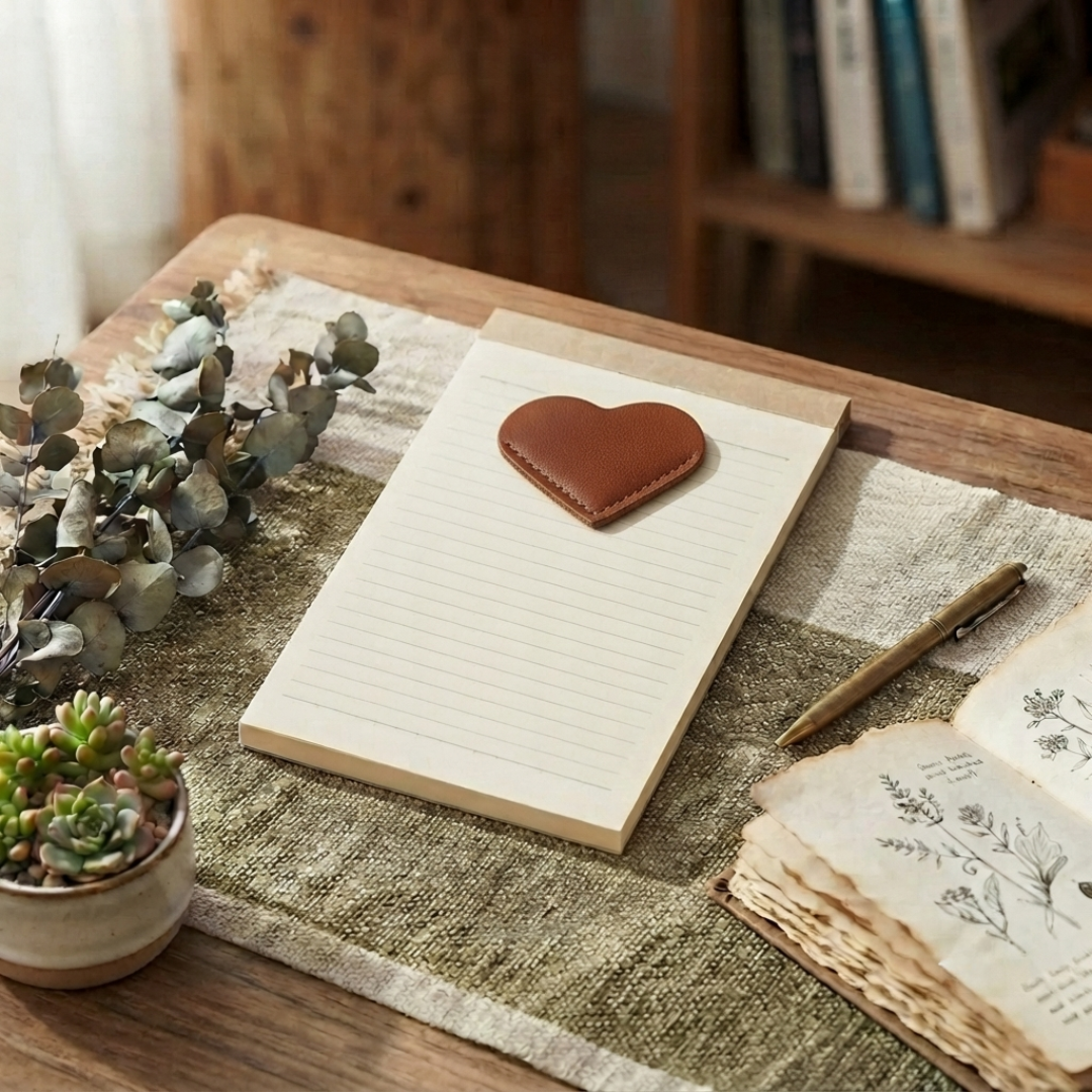 Brown vegan leather heart-shaped corner bookmark ready to be personalised.