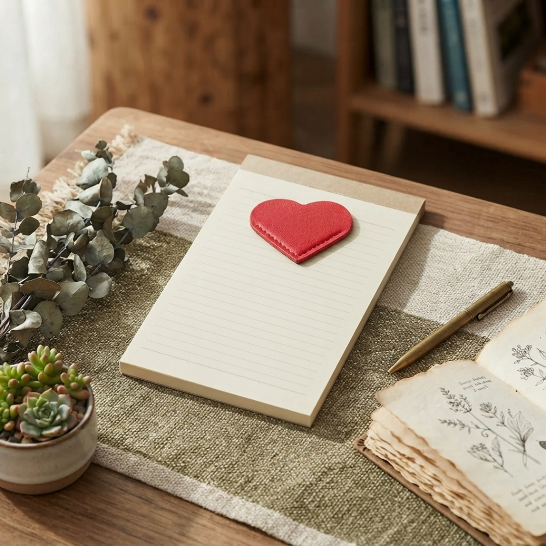 Red vegan leather heart-shaped corner bookmark ready to be personalised.