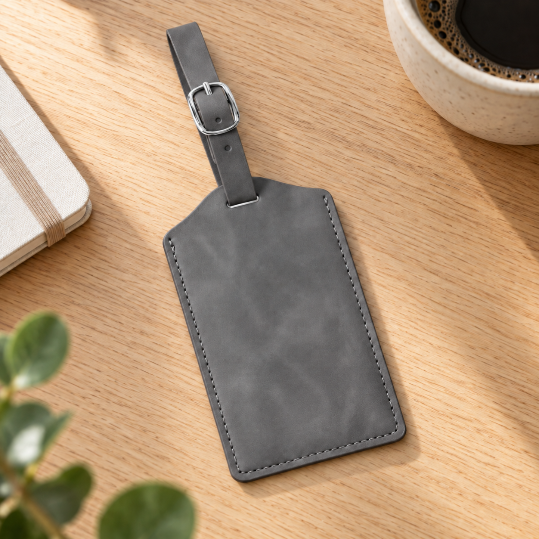 Grey vegan leather luggage tag with silver buckle ready to be personalised.
