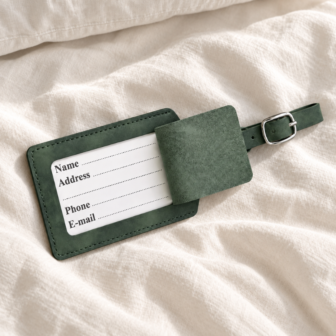 Rear of green luggage tag showing the address card window and privacy flap.