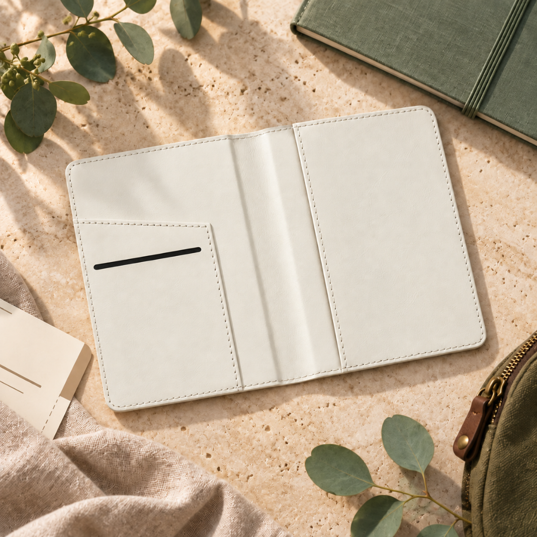Open white vegan leather passport holder showing the internal passport sleeve and card pocket.