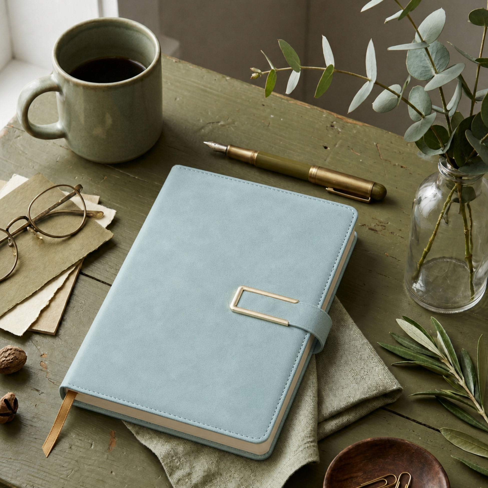 Blue vegan leather notebook with ribbon bookmark, magnetic closure, pen holder, and gold hardware.