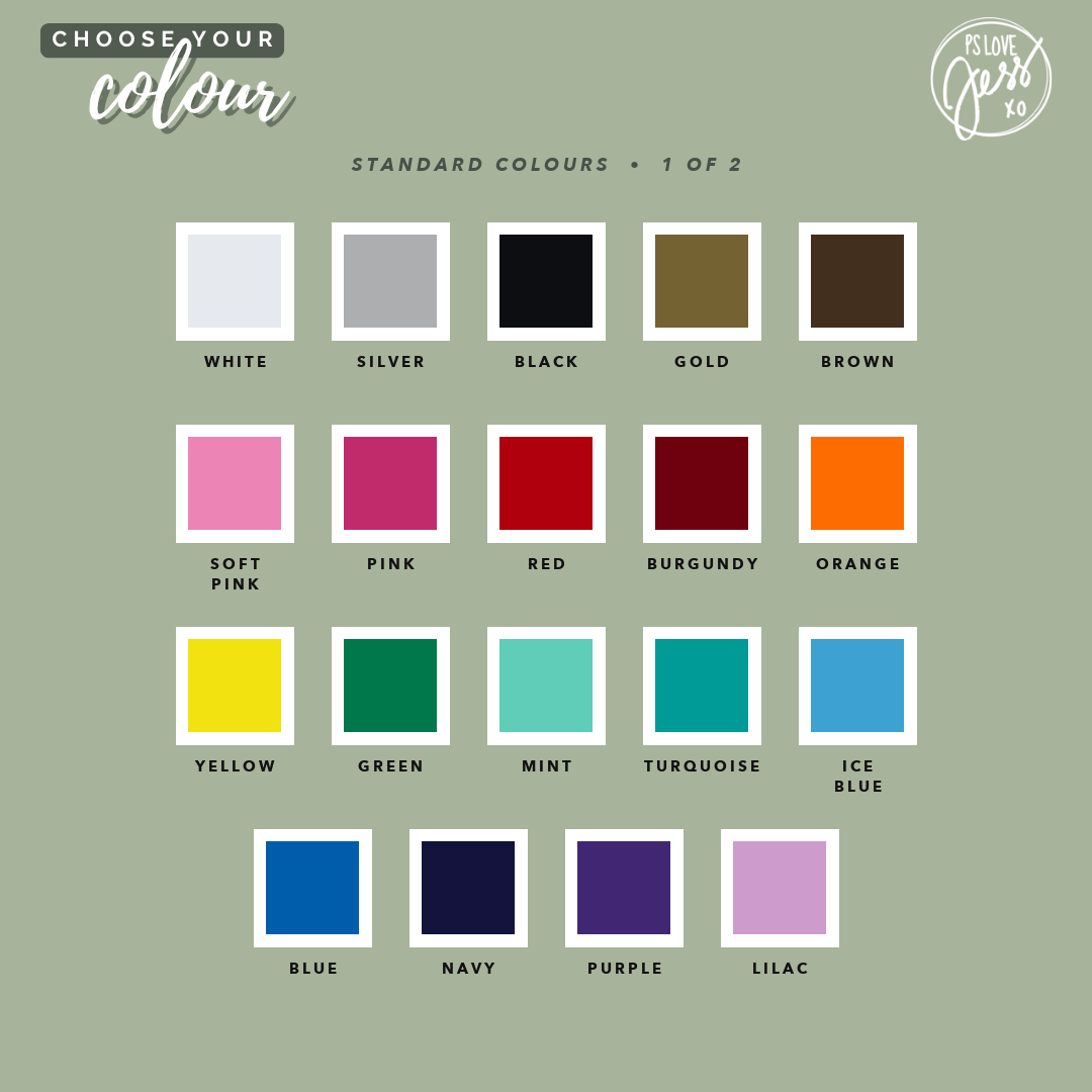 Standard personalisation lettering colour options for the Gift Boxes.