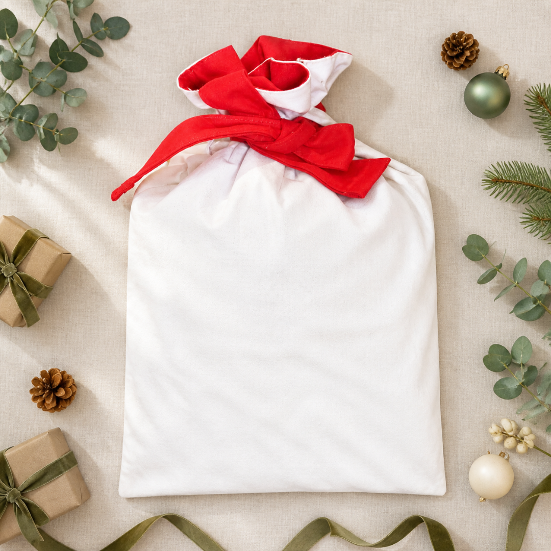 Luxe cotton Santa sack with a lined red interior and matching tie.