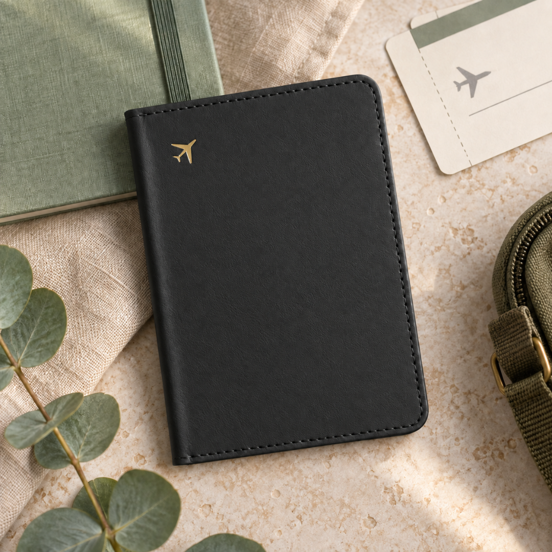 Black vegan leather passport holder with stitched edges and a gold aeroplane detail ready to be personalised.