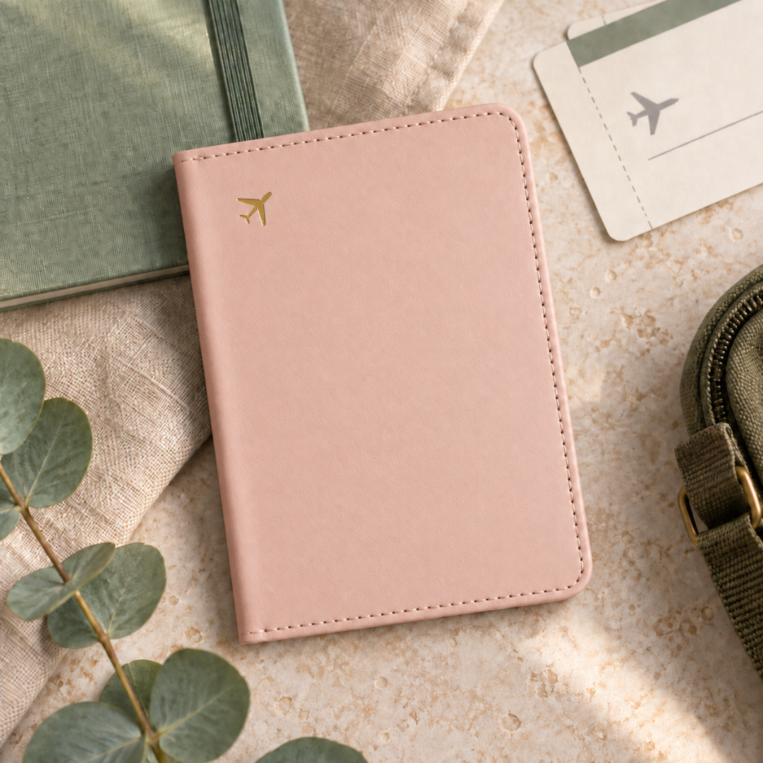 Pink vegan leather passport holder with stitched edges and a gold aeroplane detail ready to be personalised.