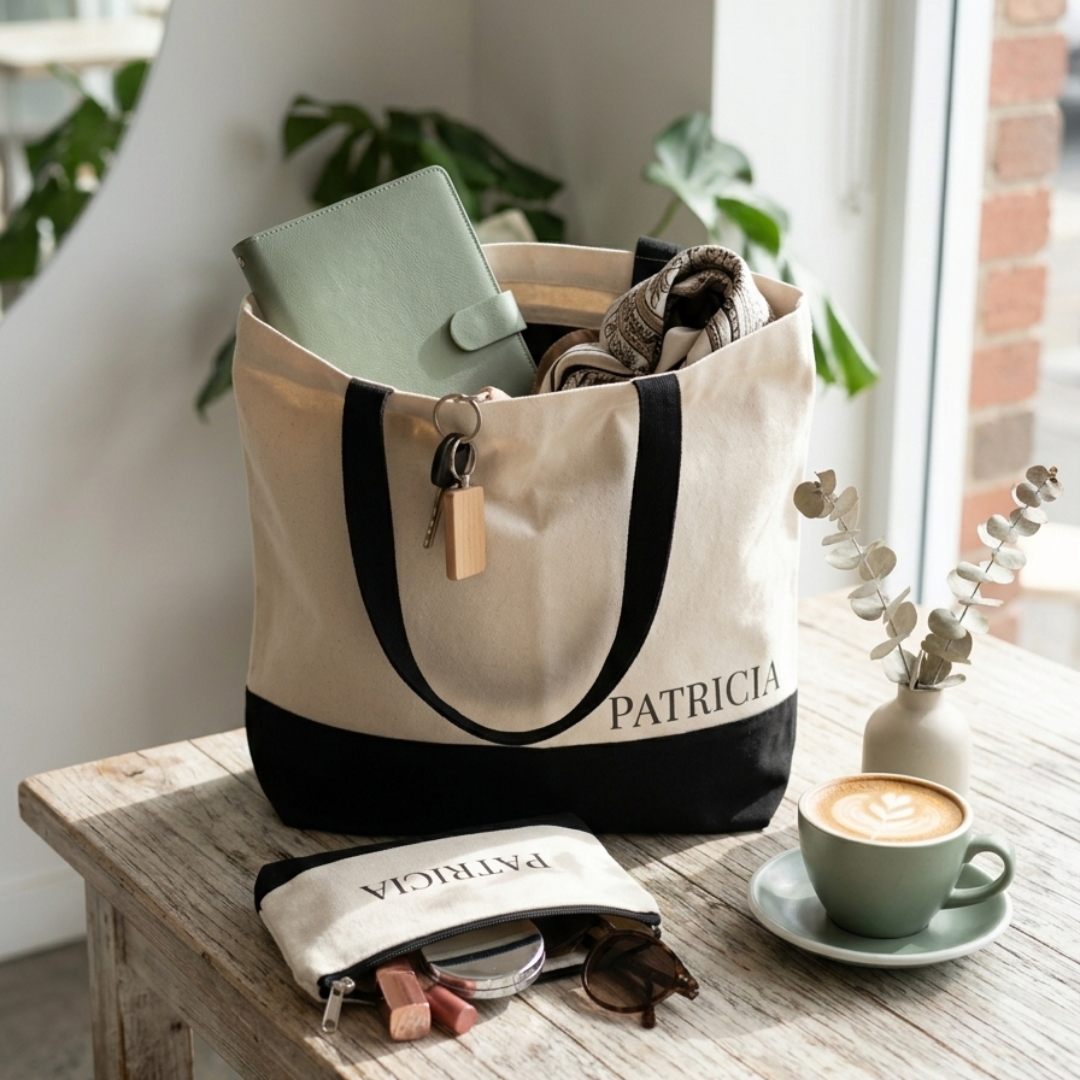Personalised black and white canvas tote with matching zippered pouch.