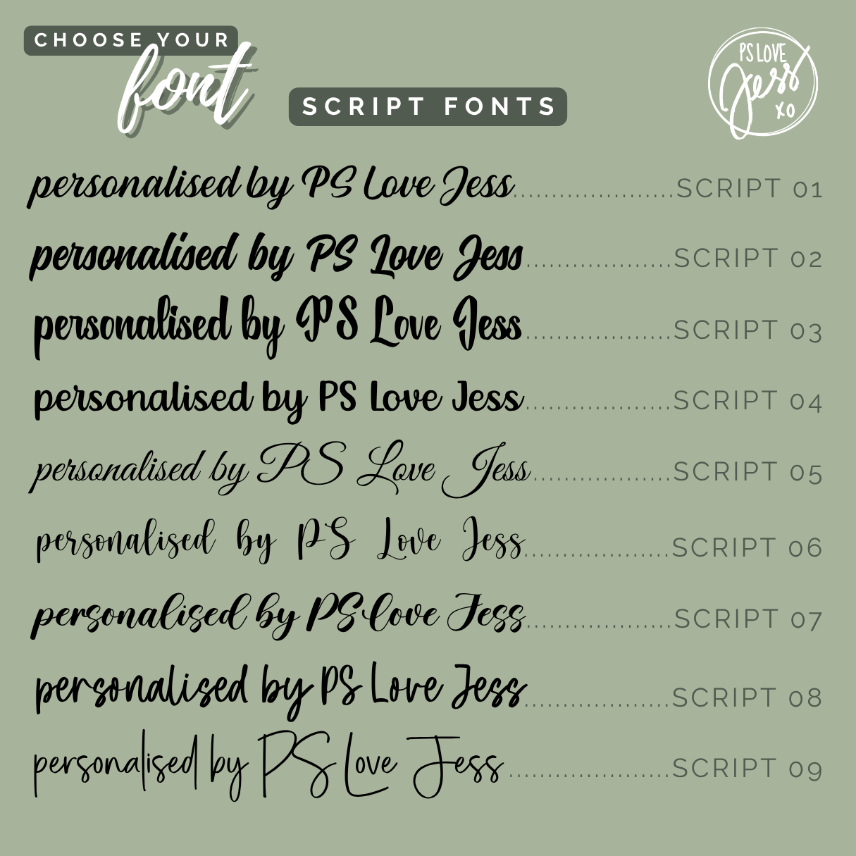 Script font options available for the Bookmarks.