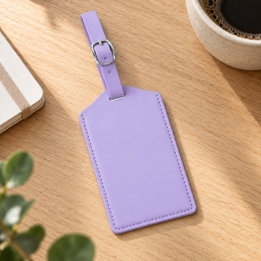 Purple vegan leather luggage tag with silver buckle ready to be personalised.