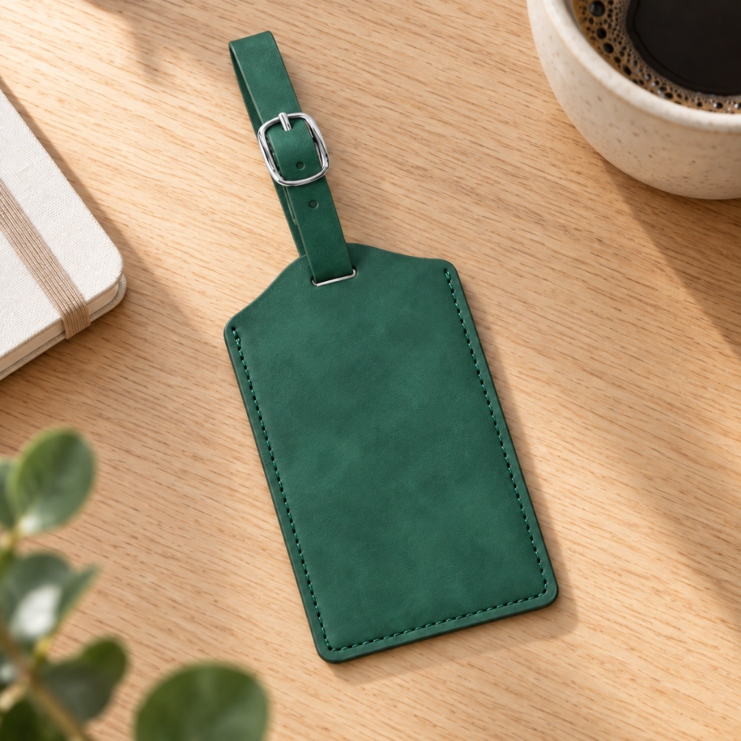 Green vegan leather luggage tag with silver buckle ready to be personalised.