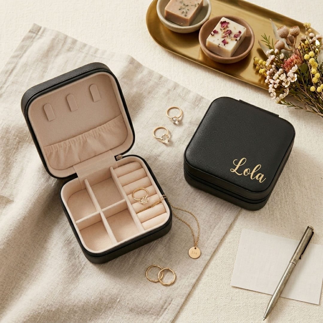 Personalised black leather jewellery box with smooth beige inner lining.