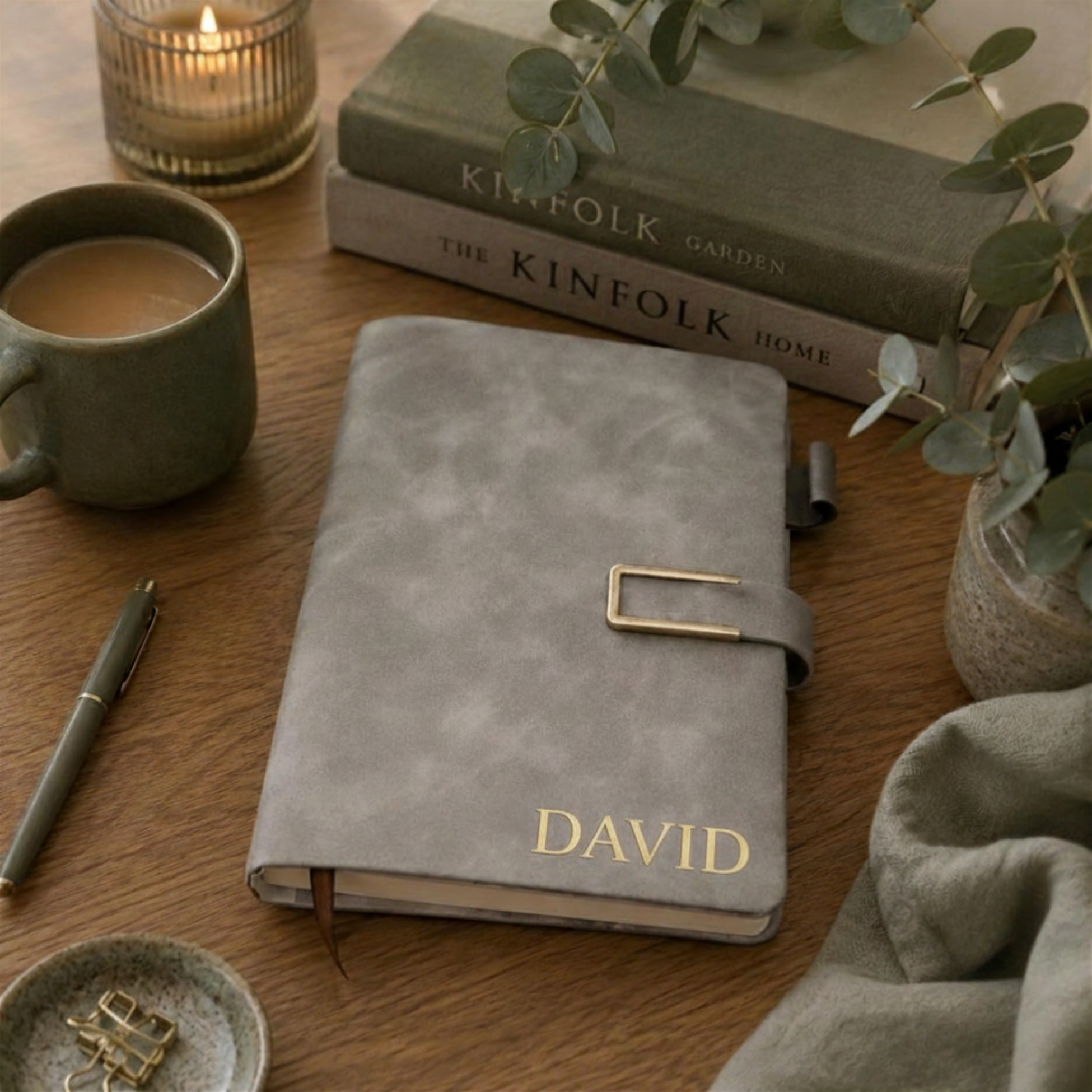 Personalised grey notebook with a magnetic closure and gold hardware in a smooth leather.