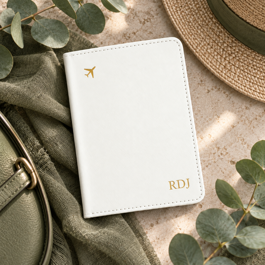 Personalised white vegan leather passport holder.