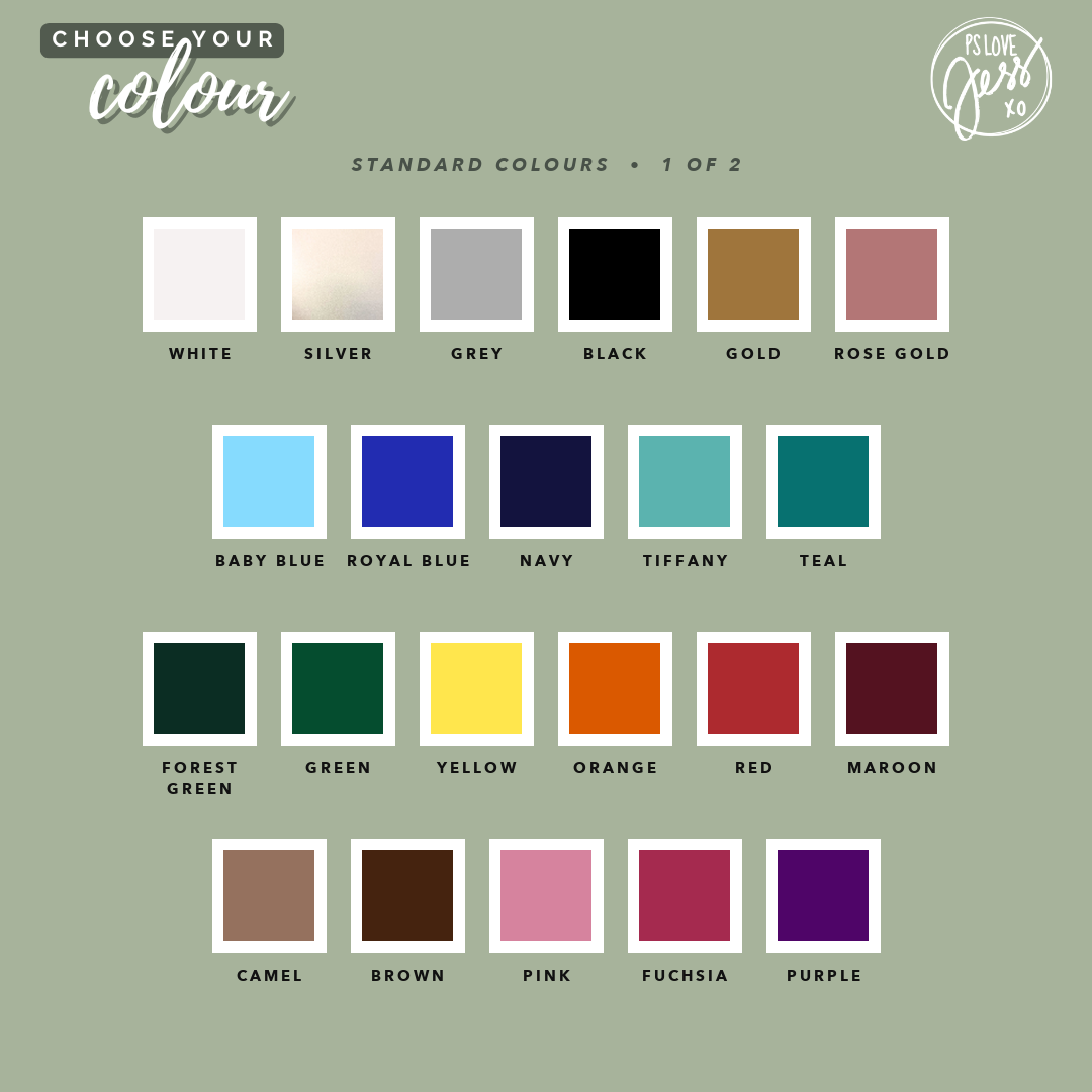 Standard personalisation lettering colour options for the Bookmarks.