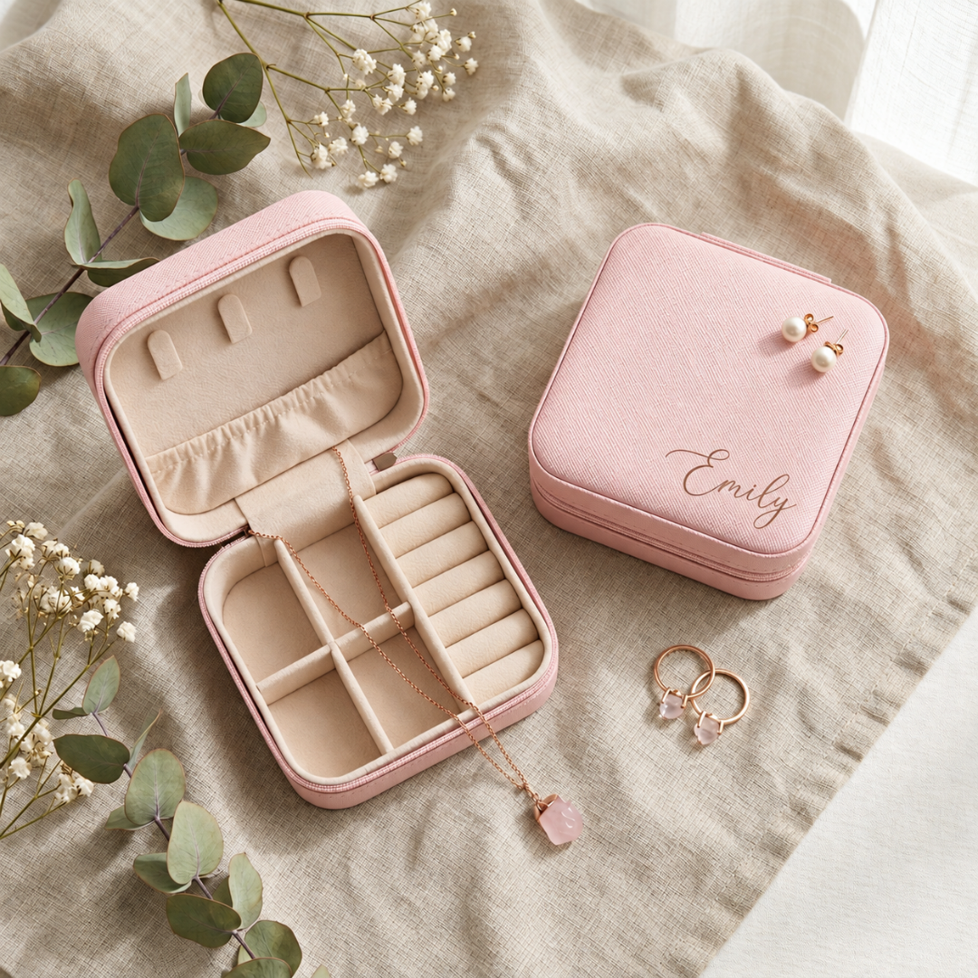 Personalised pink jewellery box with a velvet-lined interior and removable dividers.