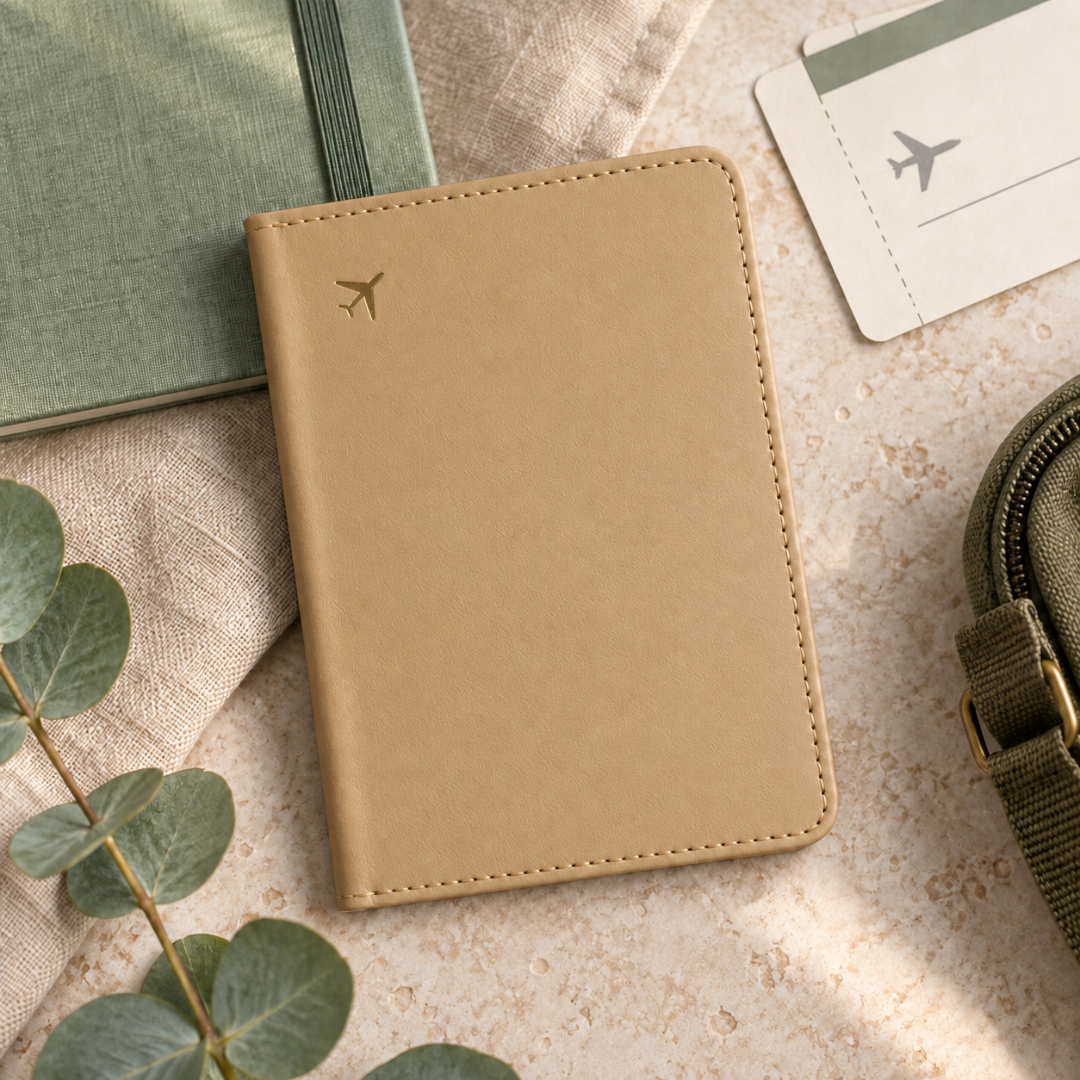 Tan vegan leather passport holder with stitched edges and a gold aeroplane detail ready to be personalised.