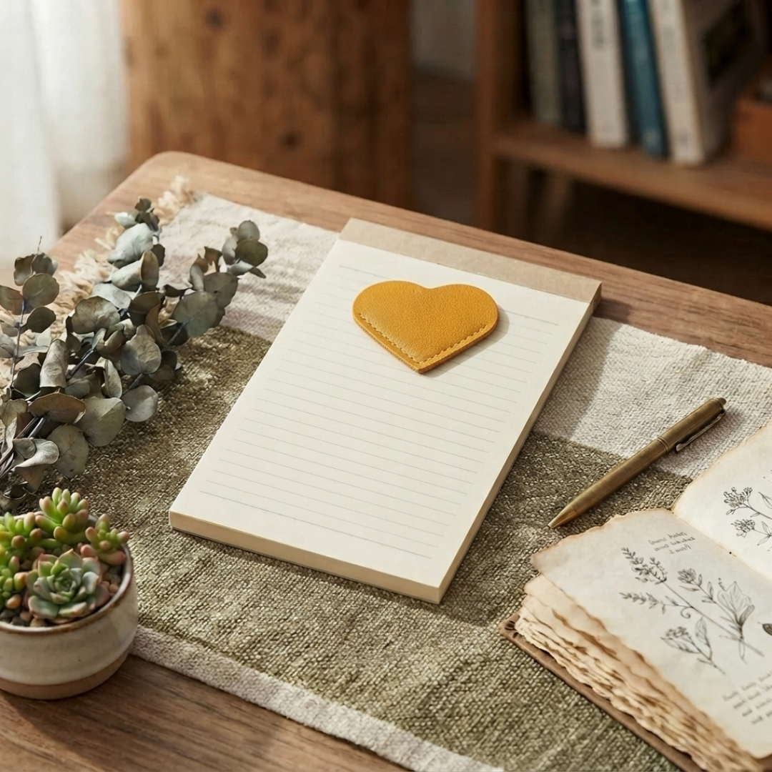 Yellow vegan leather heart-shaped corner bookmark ready to be personalised.