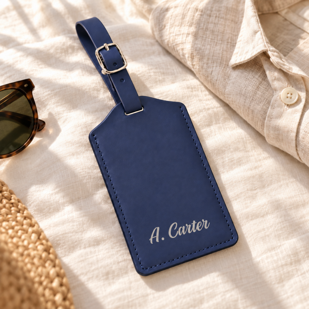 Navy personalised vegan leather luggage tag with silver buckle and adjustable strap.