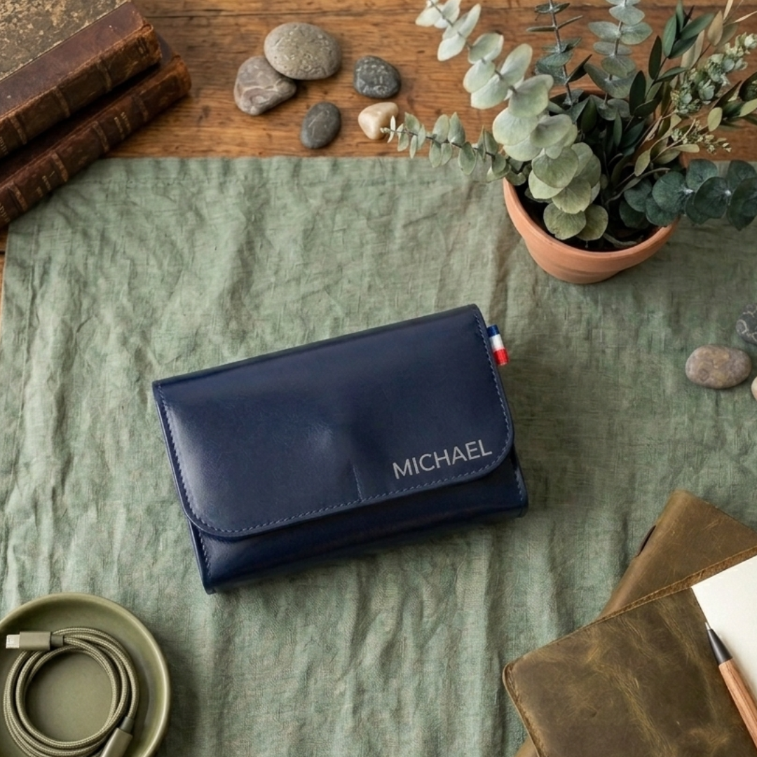 Personalised navy tech pouch in a smooth leather.