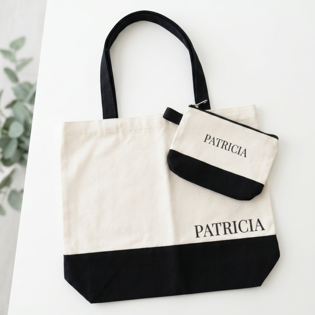 Personalised black and white canvas tote with matching zippered pouch.