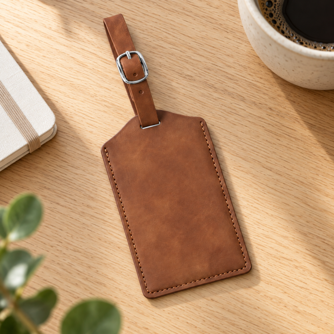 Brown vegan leather luggage tag with silver buckle ready to be personalised.