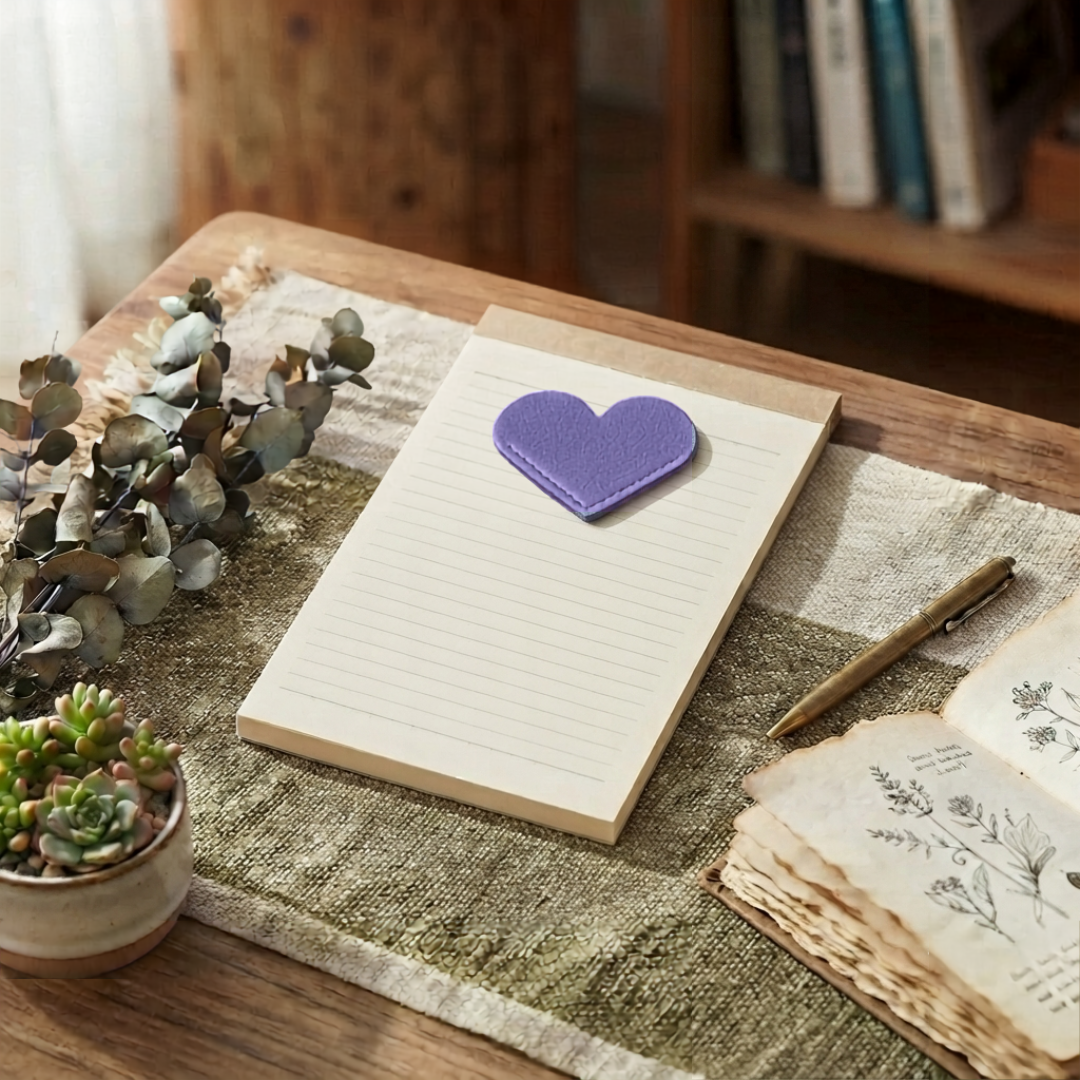 Purple vegan leather heart-shaped corner bookmark ready to be personalised.