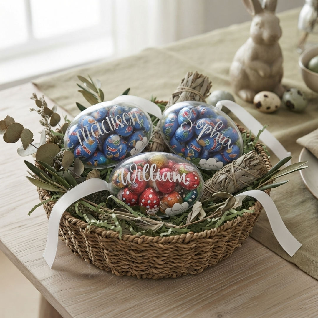 Personalised acrylic Easter eggs filled with colourful chocolates and treats.