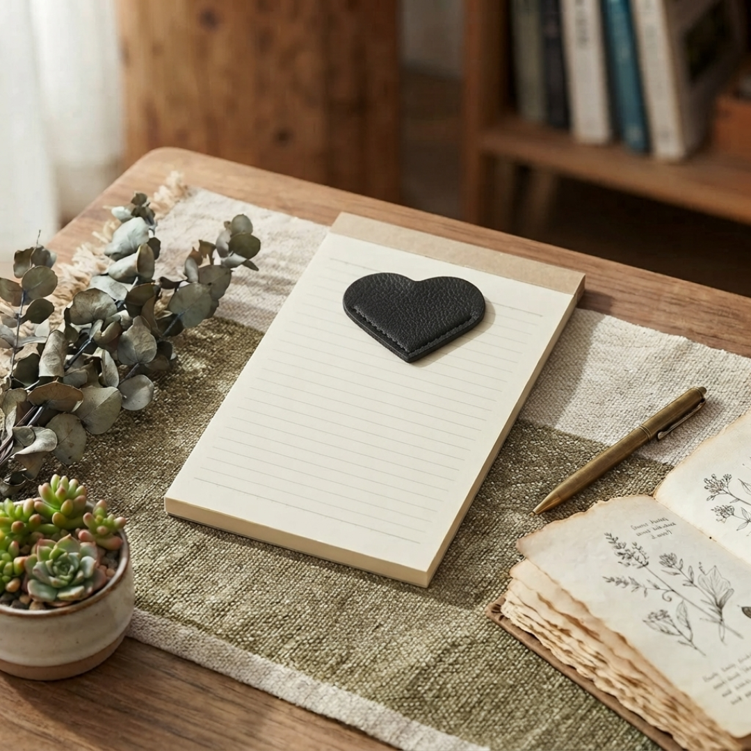 Black vegan leather heart-shaped corner bookmark ready to be personalised.