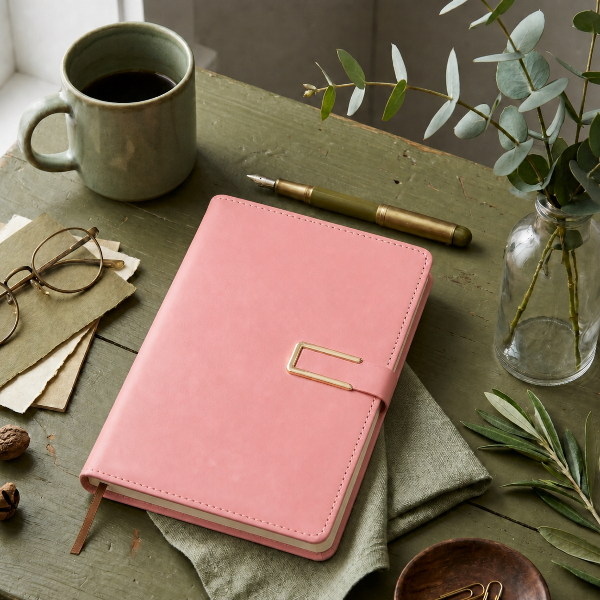 Pink vegan leather notebook with ribbon bookmark, magnetic closure, pen holder, and gold hardware.
